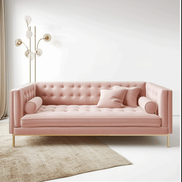 Sofá rosado con capitoneado tipo chester